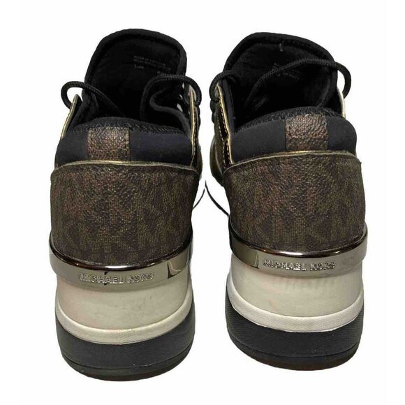 MK Logo Michael Kors 7.5 Wedge Heel Trainer Sneakers Black & Bronze Shoes - Picture 6 of 8